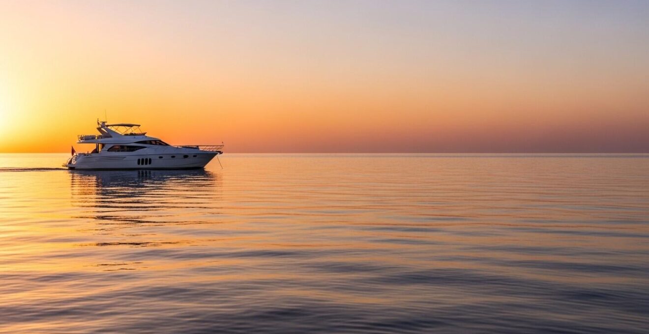 Bateau de plaisance naviguant au large avec un ciel lumineux au coucher du soleil