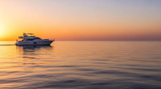Bateau de plaisance naviguant au large avec un ciel lumineux au coucher du soleil