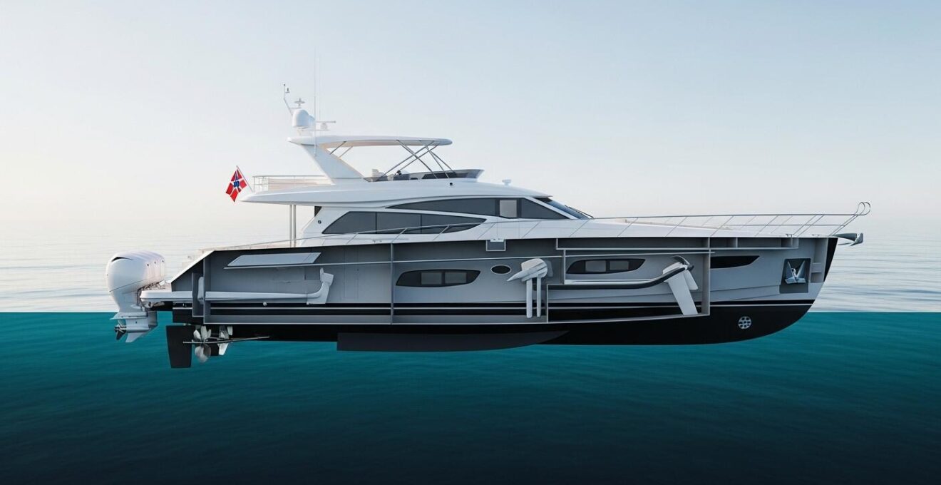 Vue symbolique d'un bateau moderne avec différentes couches structurelles visibles en coupe et mer calme autour