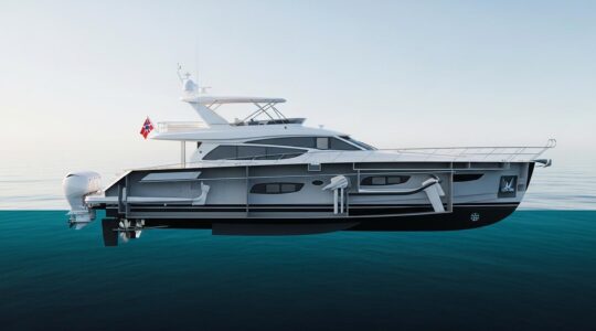Vue symbolique d'un bateau moderne avec différentes couches structurelles visibles en coupe et mer calme autour
