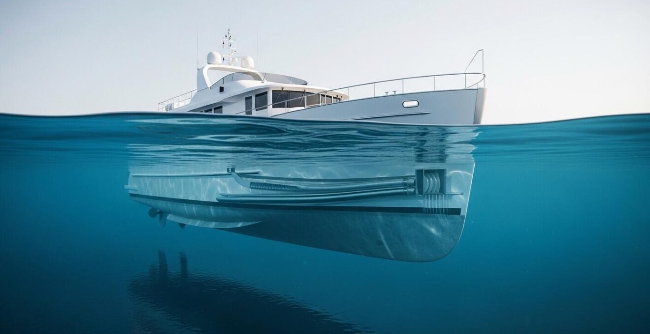 Photographie hyperréaliste d'un bateau montrant clairement la ligne de flottaison avec la coque visible sous l'eau et la structure au-dessus