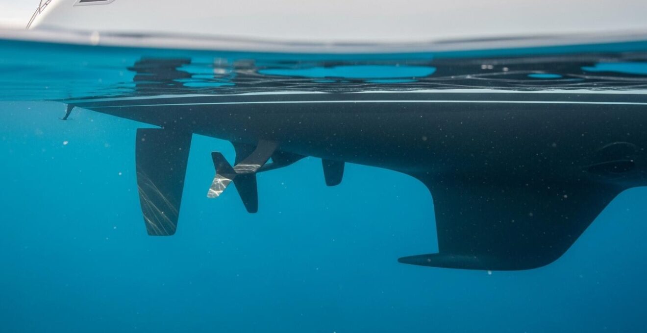 Vue détaillée et artistique d'une coque de bateau sous la ligne de flottaison montrant différentes formes de carènes et appendices sous-marins