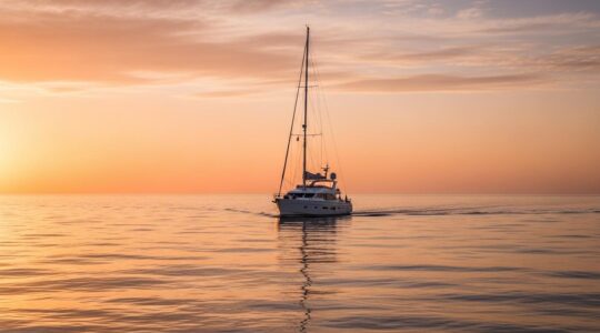 Photographie réaliste d'un bateau de plaisance au lever du soleil sur l'océan calme.