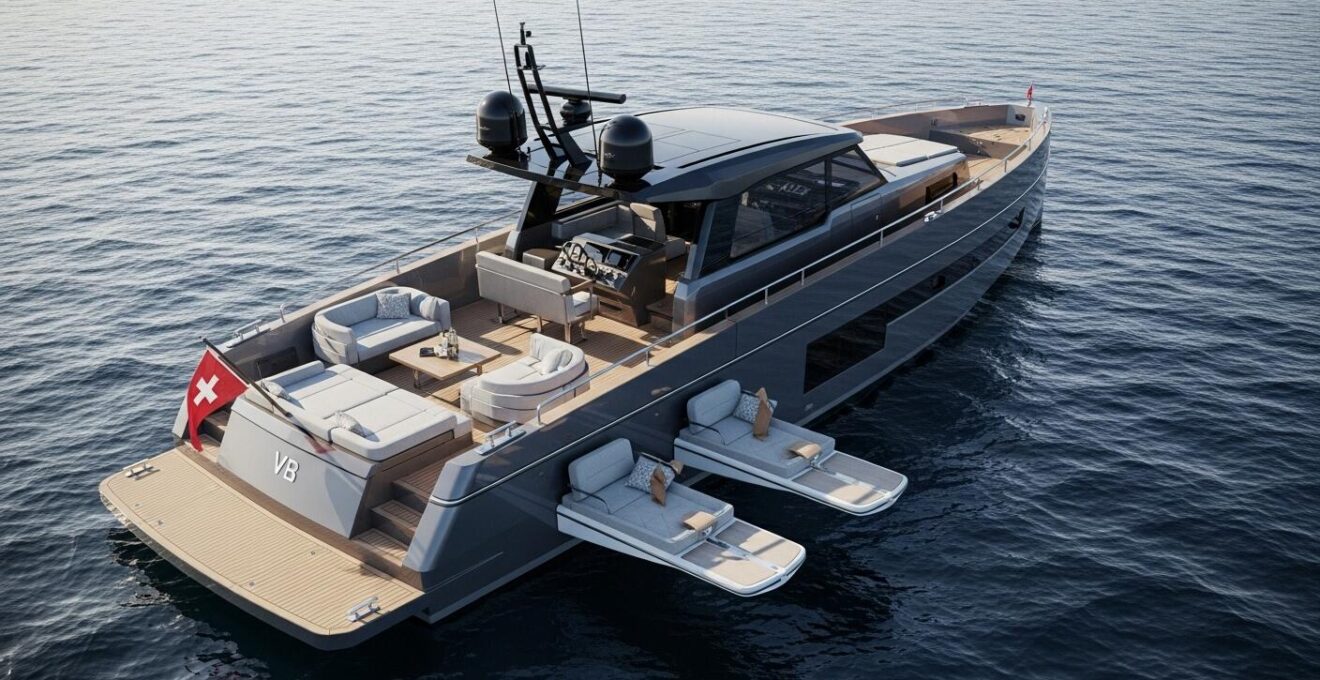 Vue panoramique d'un bateau multifonction moderne en mer avec cabines modulables et pont spacieux