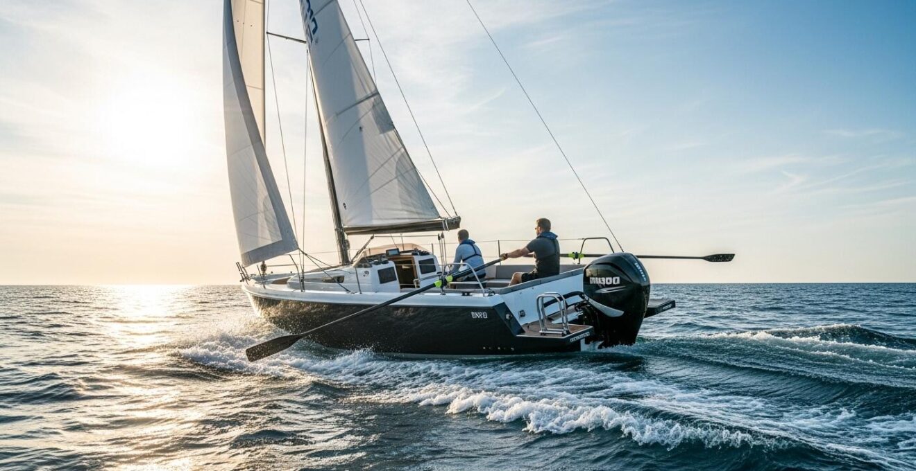 Bateau polyvalent moderne naviguant dans un environnement naturel, illustrant la multifonctionnalité et adaptation