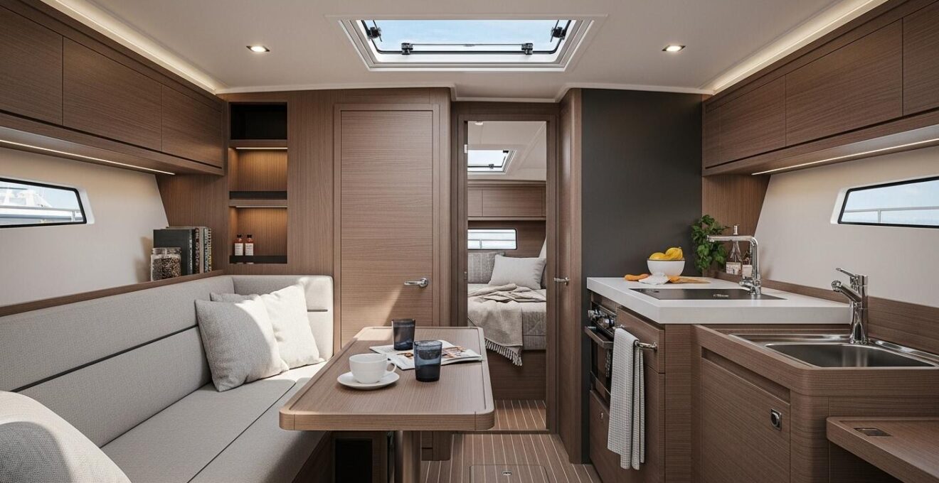 Vue panoramique d'un intérieur de bateau moderne optimisé avec espaces de vie multifonctionnels et lumière naturelle