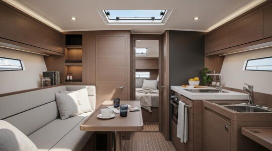 Vue panoramique d'un intérieur de bateau moderne optimisé avec espaces de vie multifonctionnels et lumière naturelle