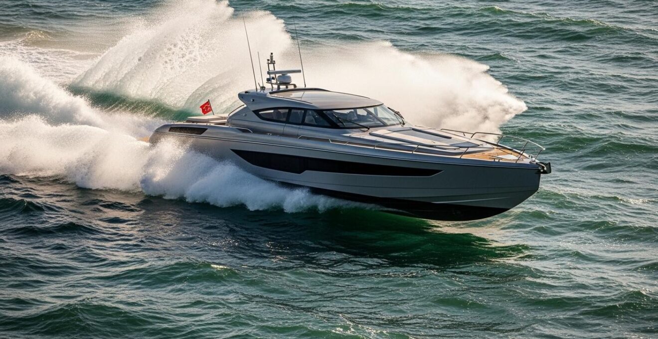 Bateau rapide coupant les vagues sur une mer agitée lors d'une navigation à grande vitesse