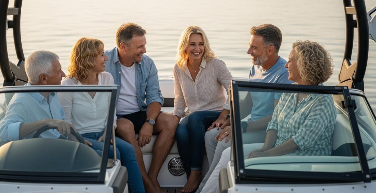Photographie hyperréaliste d'une journée d'été en bateau bowrider avec une famille heureuse profitant du soleil et de l'eau
