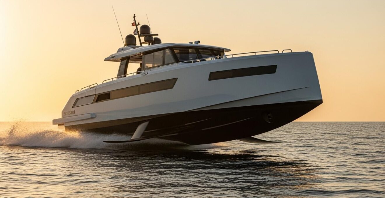 Bateau futuriste avec carène à steps, foils et étrave inversée en navigation rapide