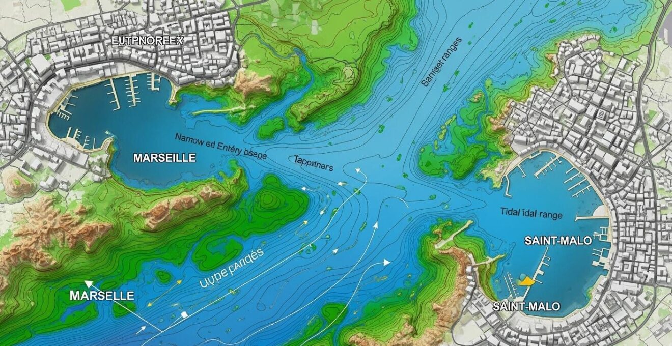 Carte comparative illustrant les différences côtières et environnementales entre Marseille et Saint-Malo
