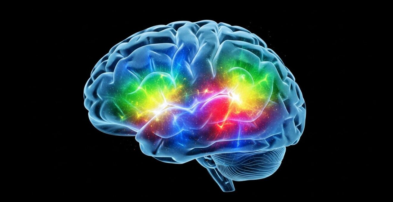 Image conceptuelle montrant des zones cérébrales colorées en activité pendant un état de flow