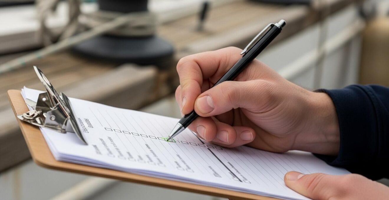 Vue rapprochée d'une main tenant un stylo cochant une checklist sur un clipboard à bord d'un bateau