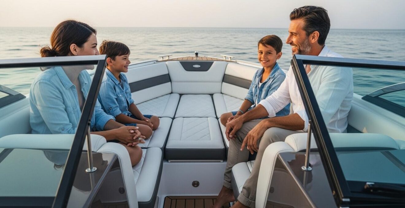 Photographie réaliste d'une famille profitant du cockpit avant spacieux et ouvert d'un bowrider sur une mer calme.