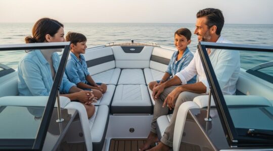 Photographie réaliste d'une famille profitant du cockpit avant spacieux et ouvert d'un bowrider sur une mer calme.