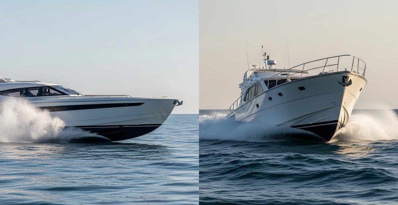 Photographie symbolique comparant une coque planante et une coque à déplacement sous deux bateaux sur l'eau
