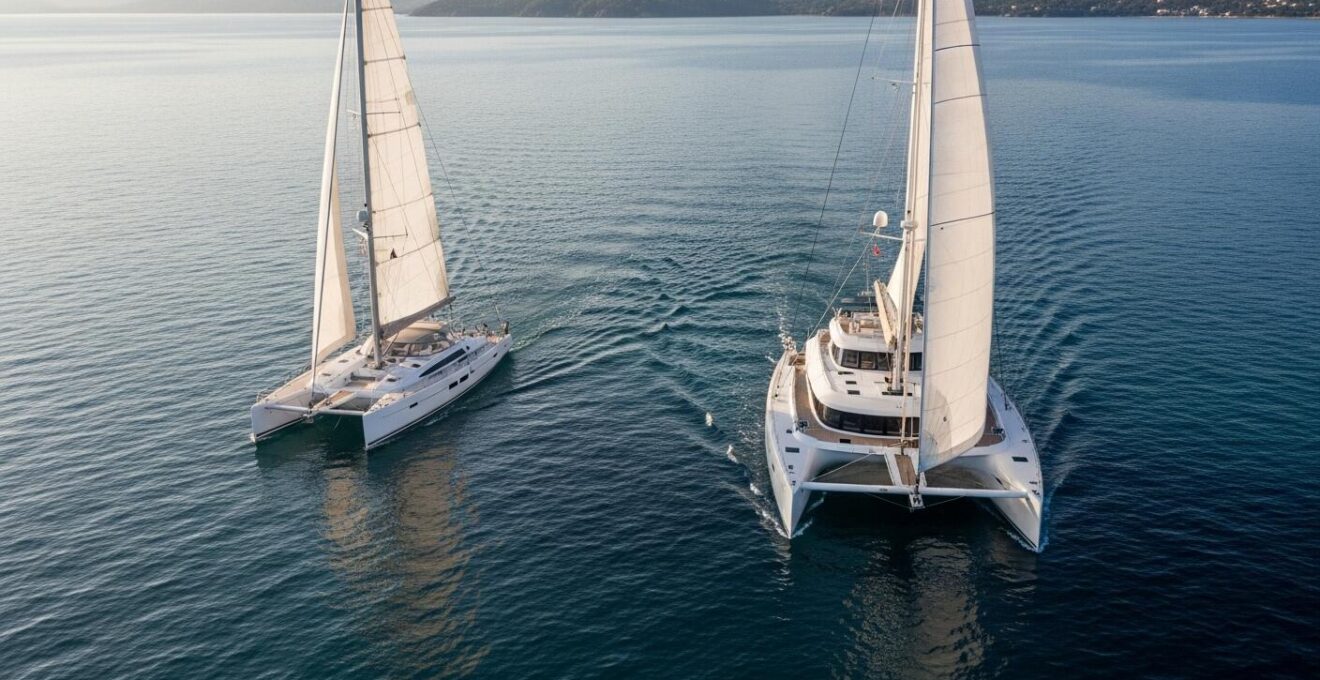 Deux bateaux côte à côte : un monocoque et un multicoque vus en perspective aérienne