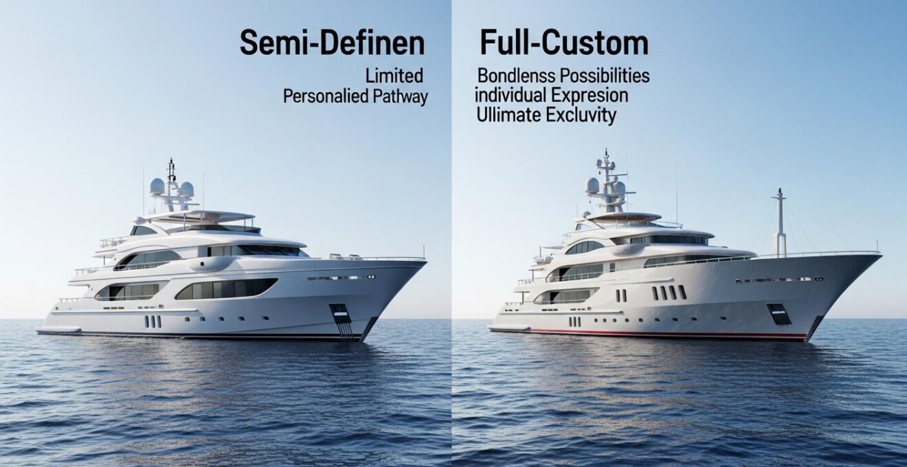Schéma comparatif illustrant les niveaux de personnalisation entre yachts semi-custom et full-custom