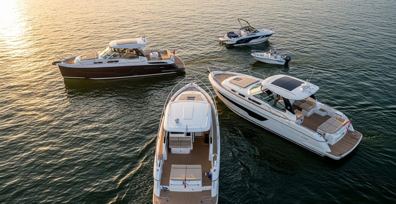 Schéma visuel comparatif des trois types de bateaux : bowrider, sun deck et semi-rigide, montrant leurs silhouettes et points forts.