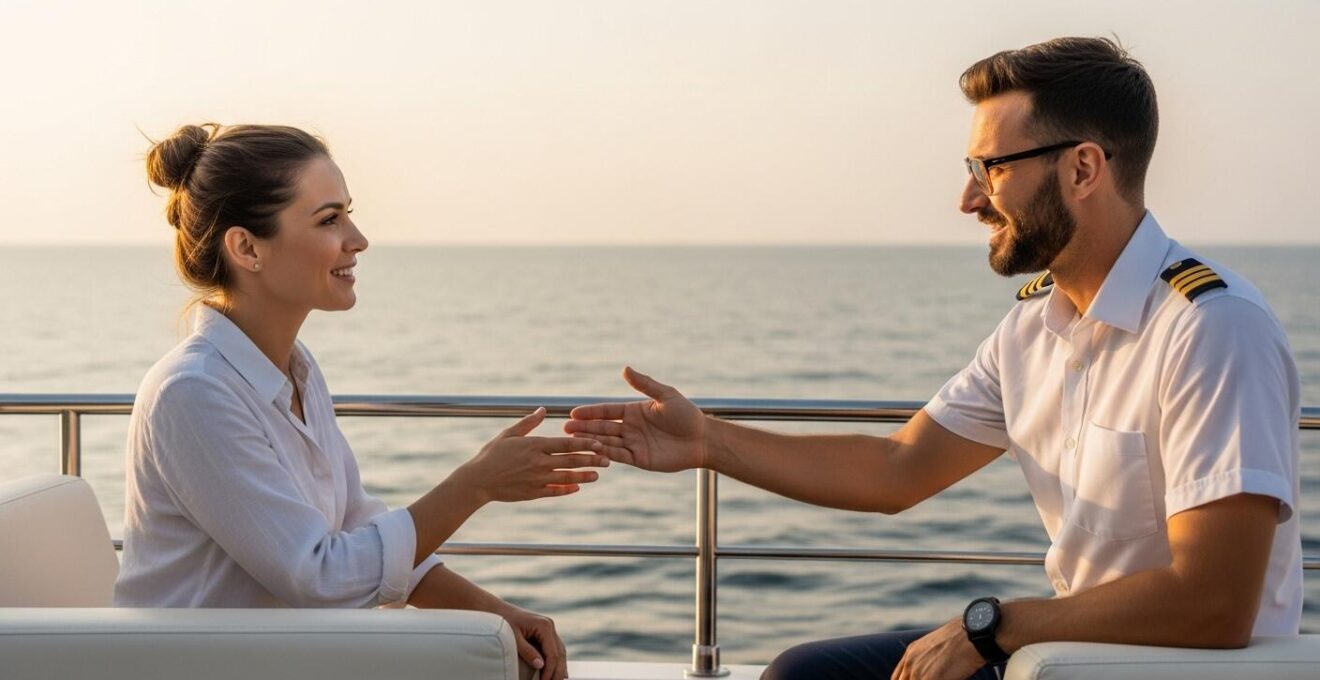 Photographie réaliste d'une croisière privative avec un équipage dévoué en mer au coucher du soleil