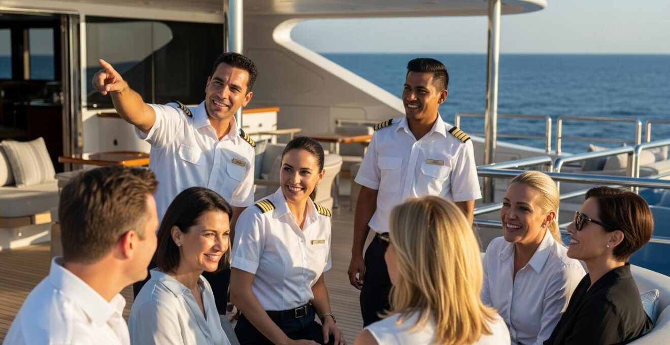 Équipage professionnel souriant assistant un groupe de passagers luxueux à bord d'un yacht moderne