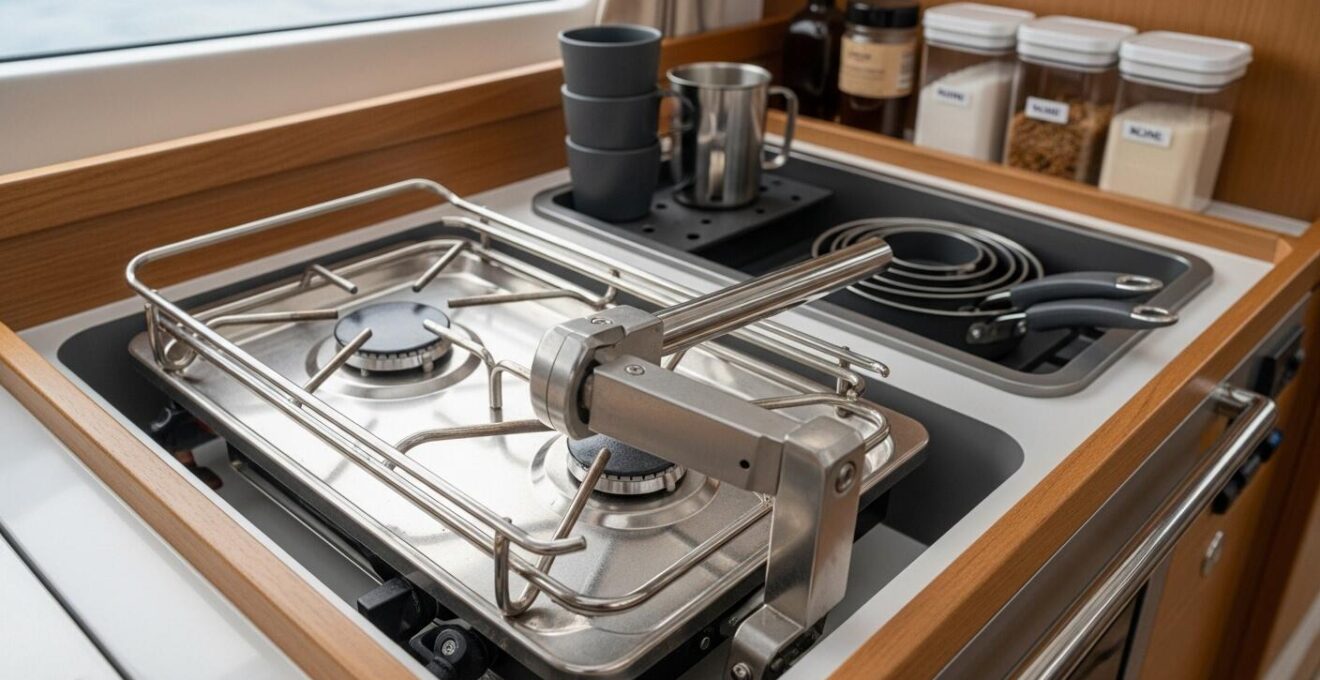 Vue réaliste d’une cuisine de bateau compacte et sécurisée, avec des équipements bien fixés
