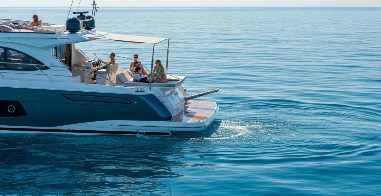 Un day-cruiser en pleine mer par une journée ensoleillée, avec des personnes profitant du bain de soleil sur la plateforme arrière, sous un bimini élégant.