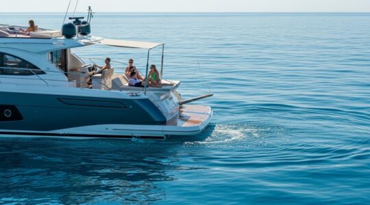 Un day-cruiser en pleine mer par une journée ensoleillée, avec des personnes profitant du bain de soleil sur la plateforme arrière, sous un bimini élégant.