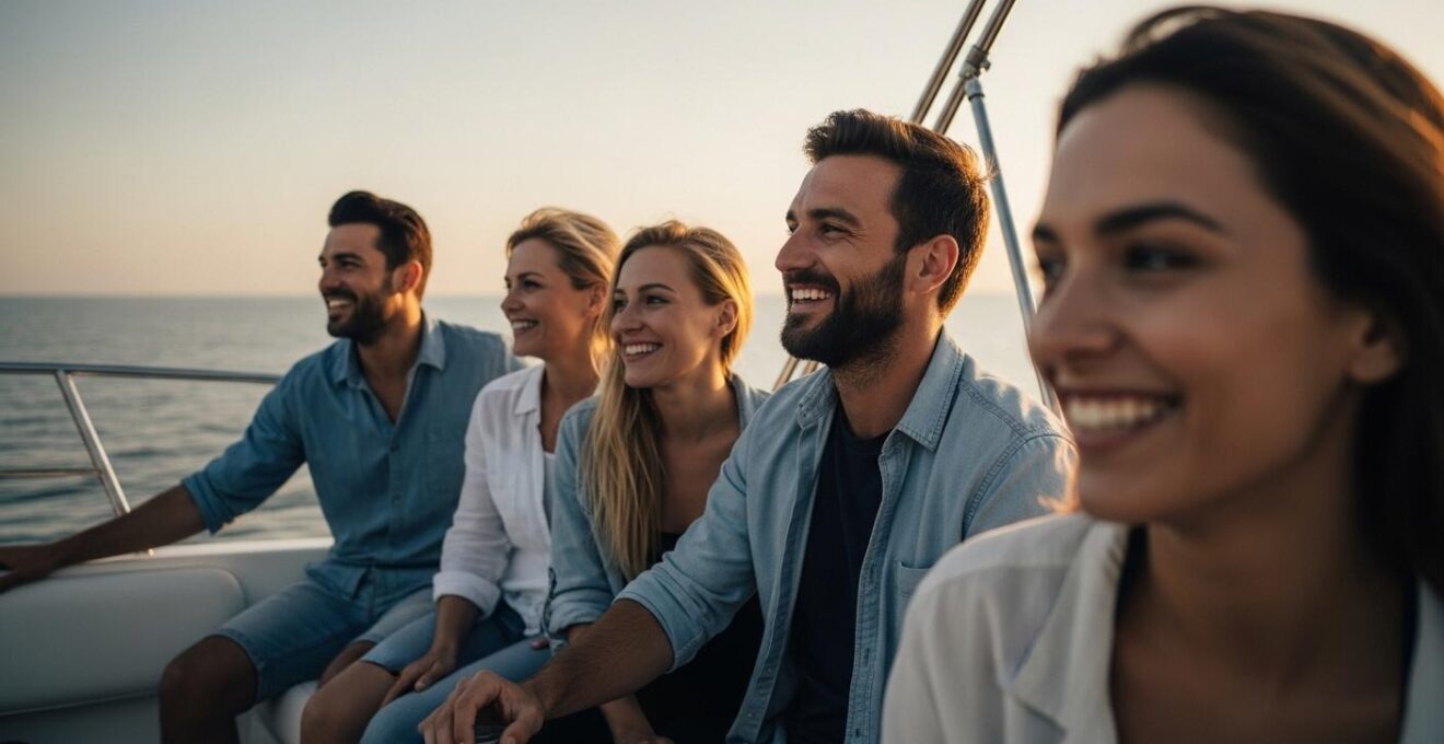 Bateau day-cruiser moderne naviguant en mer sous un ciel dégagé avec des personnes appréciant la sortie nautique