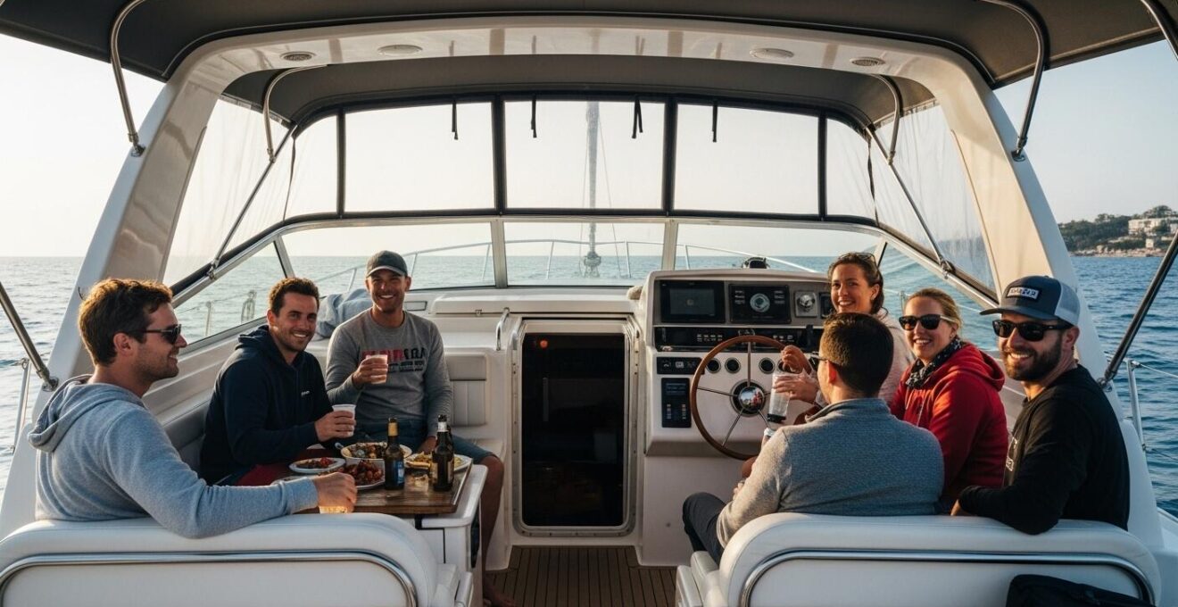 Vue arrière documentaire sur un cockpit convivial, équipage casque détendu partageant un repas.