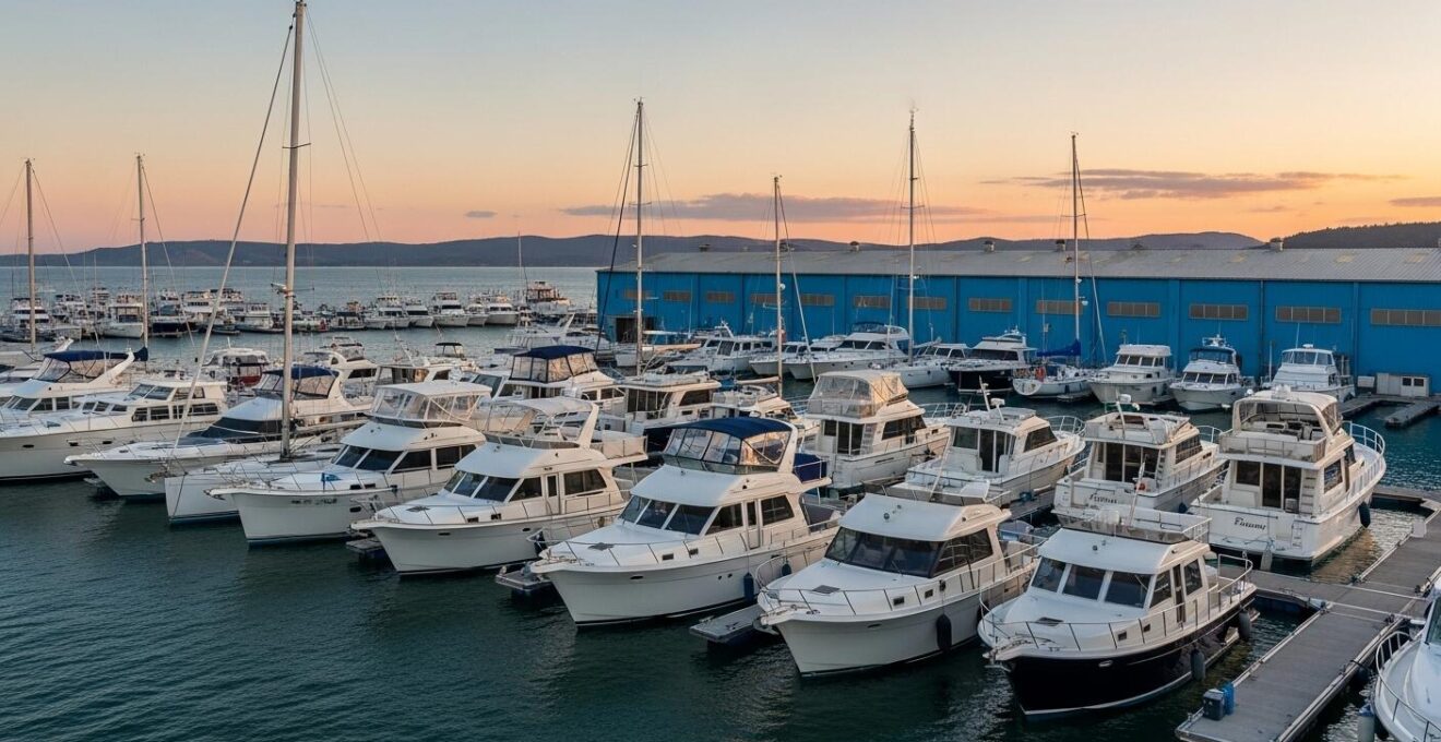 Vue panoramique d'un chantier naval avec différents modèles de bateaux alignés, illustrant la diversité des noms et styles.