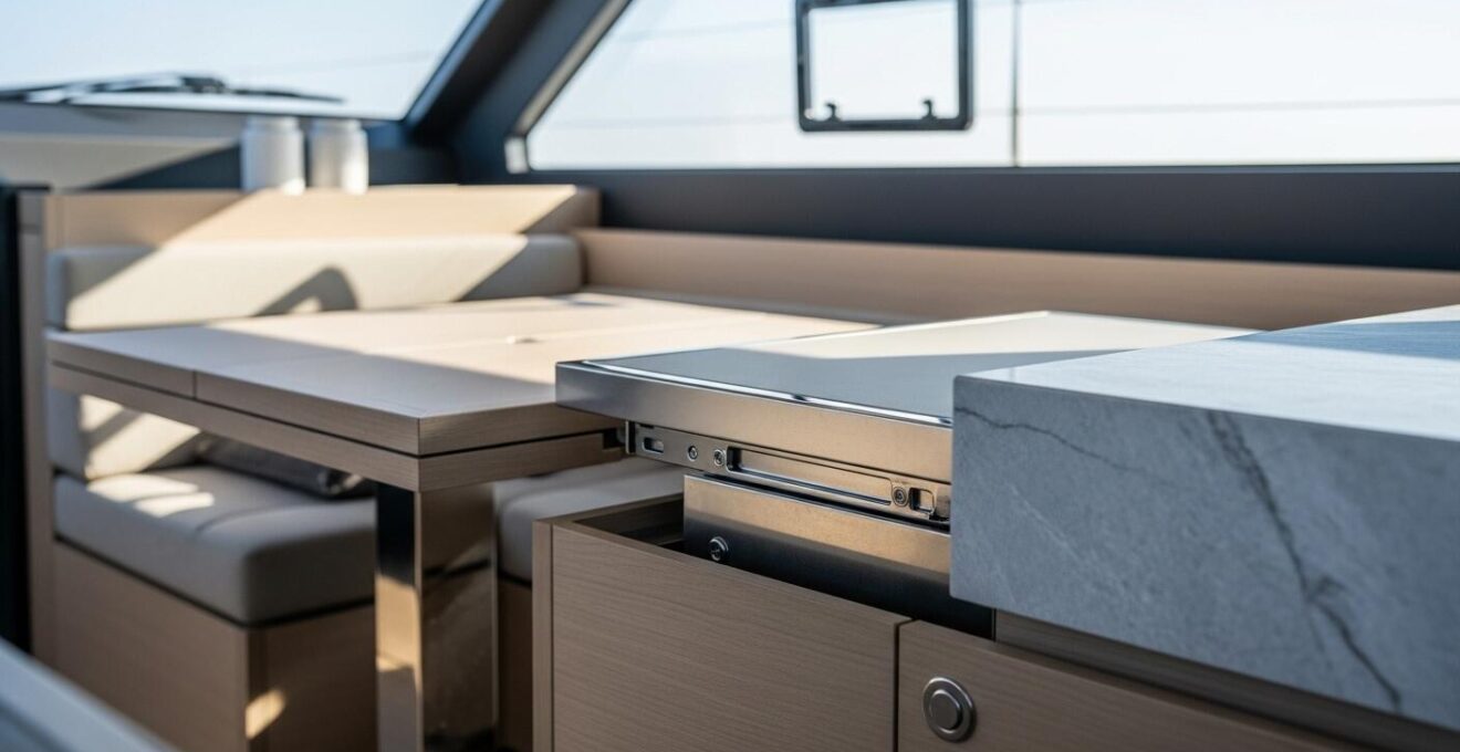 Intérieur de bateau multifonctionnel alliant esthétique minimaliste et ergonomie
