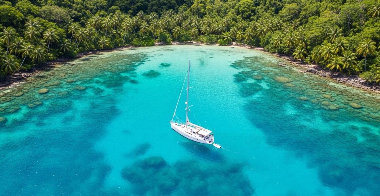 Photographie aérienne d’un voilier naviguant dans une baie turquoise limpide propice à la détente