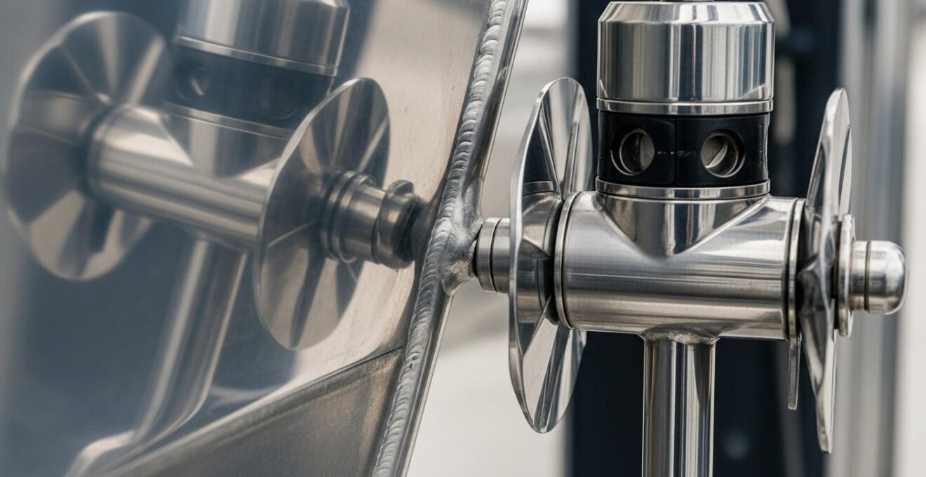 Détail en macro d'une coque en aluminium brillant et d'un stabilisateur gyroscopique de yacht