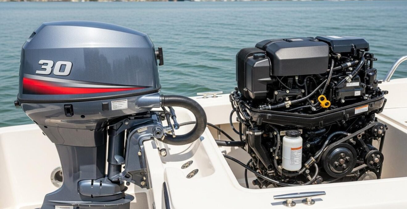 Photographie montrant en gros plan un moteur hors-bord installé à l'arrière du bateau et en contraste un moteur in-bord dans un compartiment intérieur