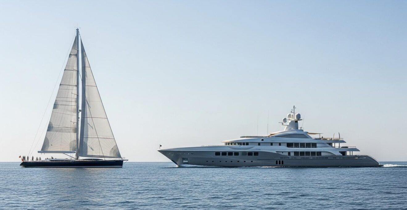 Comparaison visuelle entre un yacht à voile élégant et un yacht à moteur luxueux sur mer calme