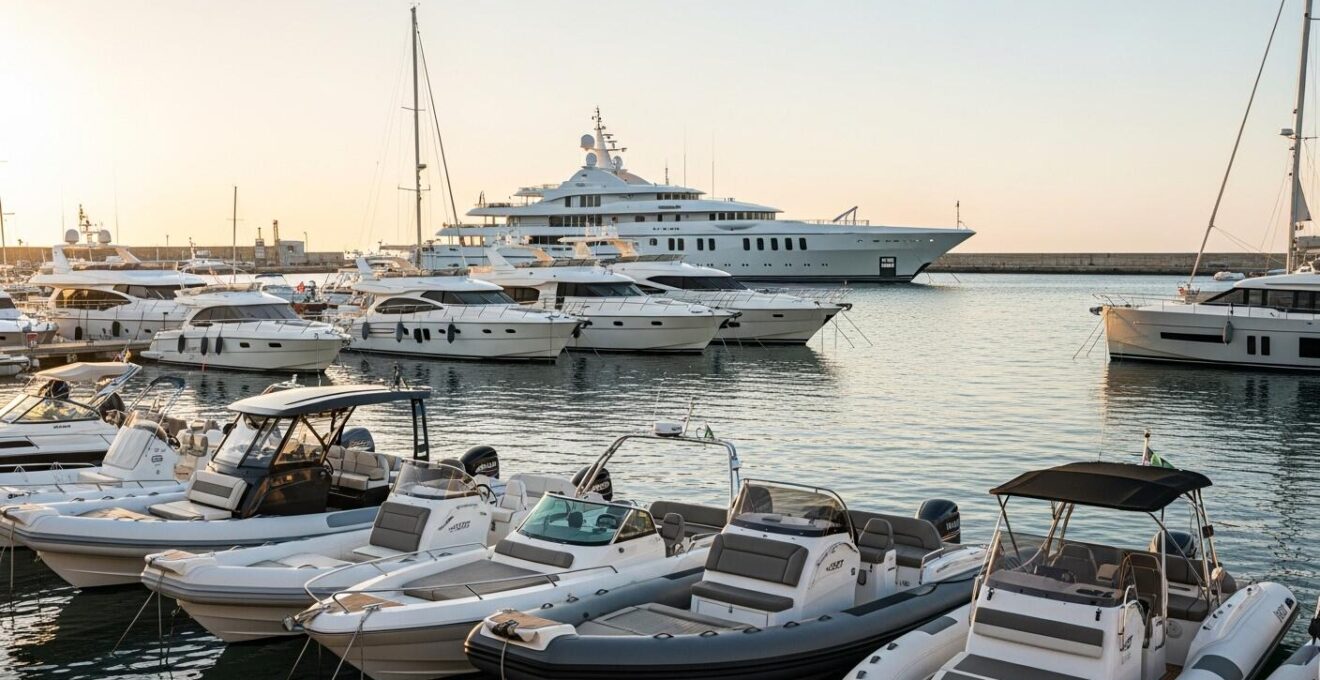 Composition environnementale montrant plusieurs bateaux de tailles variées amarrés dans un port moderne
