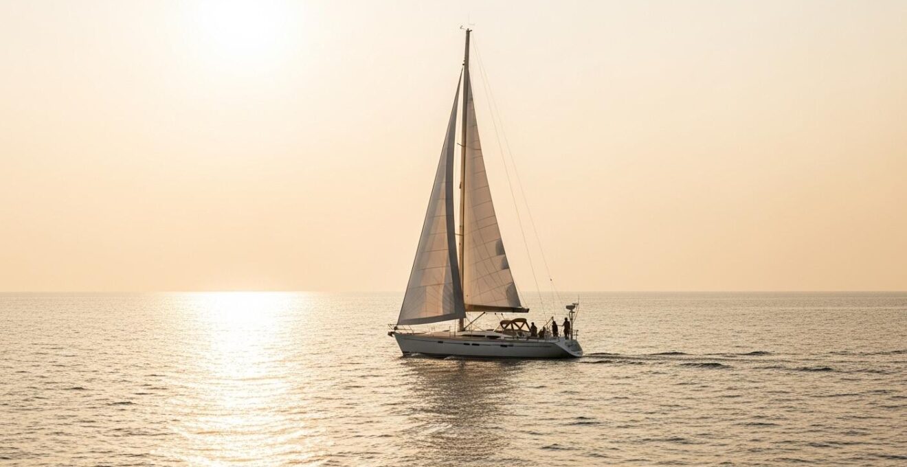 Vue panoramique d'un voilier moderne naviguant sur une mer calme, avec des reflets dorés au coucher du soleil, symbolisant l'économie et la planification de navigation