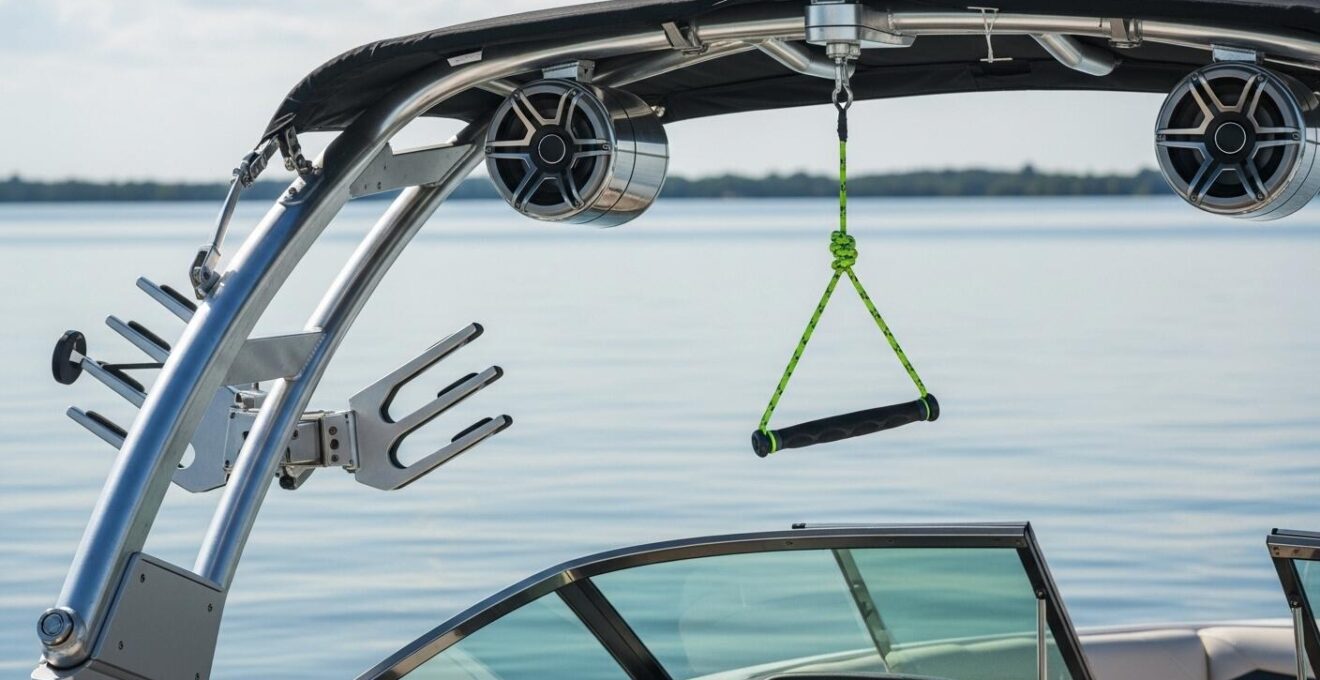 Photographie réaliste d’un bateau équipé d’une tour de wake avec une corde de traction prête à l’usage.