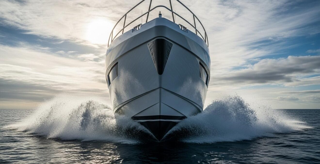 Photographie environnementale d’un bateau moderne en mer montrant clairement son étrave inversée en action