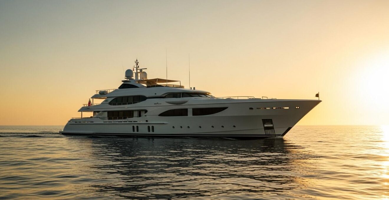Yacht de luxe majestueux naviguant en mer lors d'un coucher de soleil doré