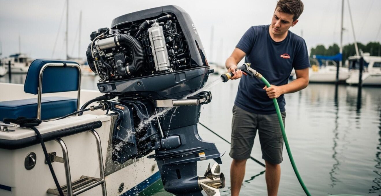 Photographie documentaire montrant un plaisancier rinçant un moteur hors-bord à l'eau douce dans un port, prise à lumière naturelle
