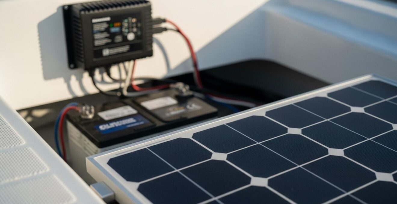 Détail technique de panneaux solaires et batteries à bord d'un bateau