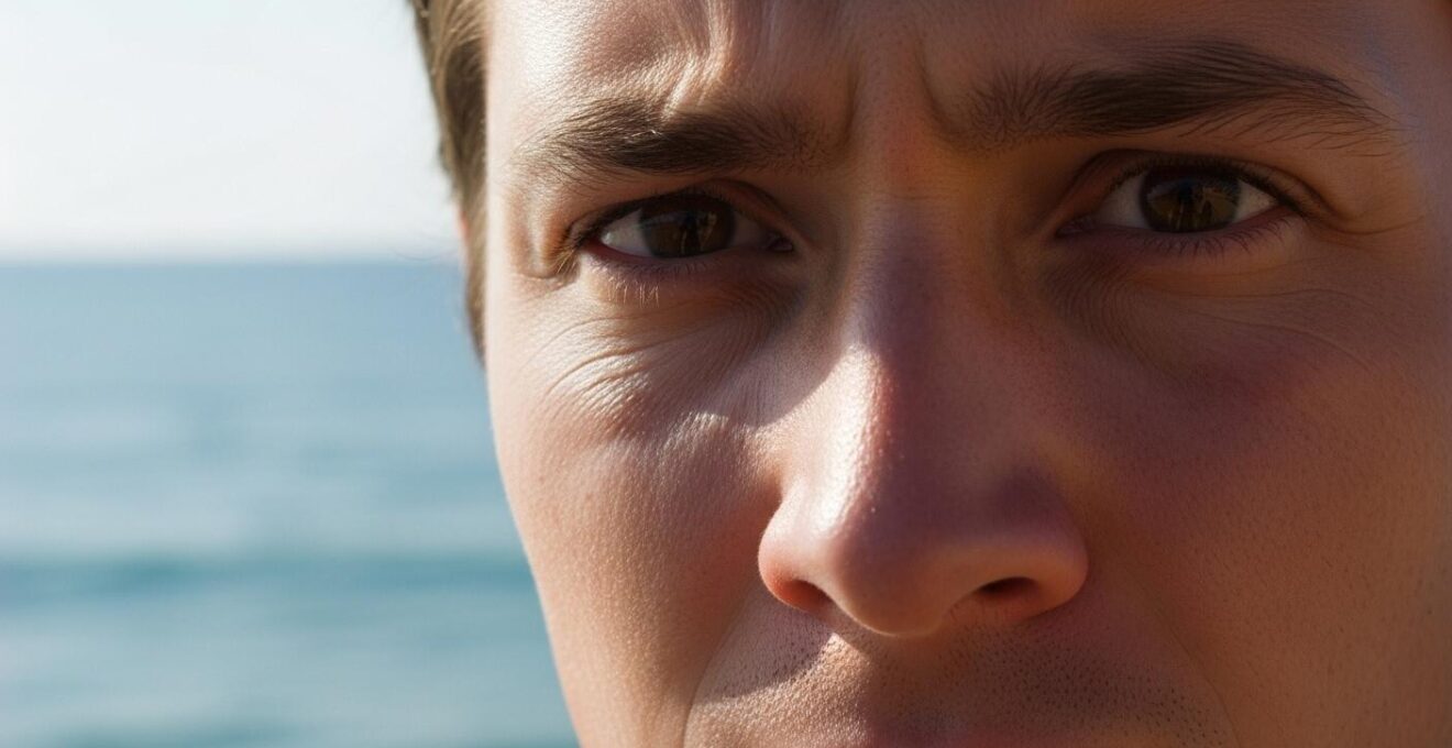 Visage en lumière naturelle regardant l'horizon, mer en arrière-plan, expression hésitante, sans texte.