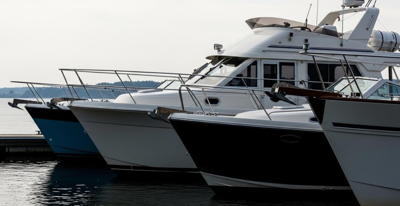 Différents types de bateaux alignés sur un port, avec un focus sur leurs formes distinctives.