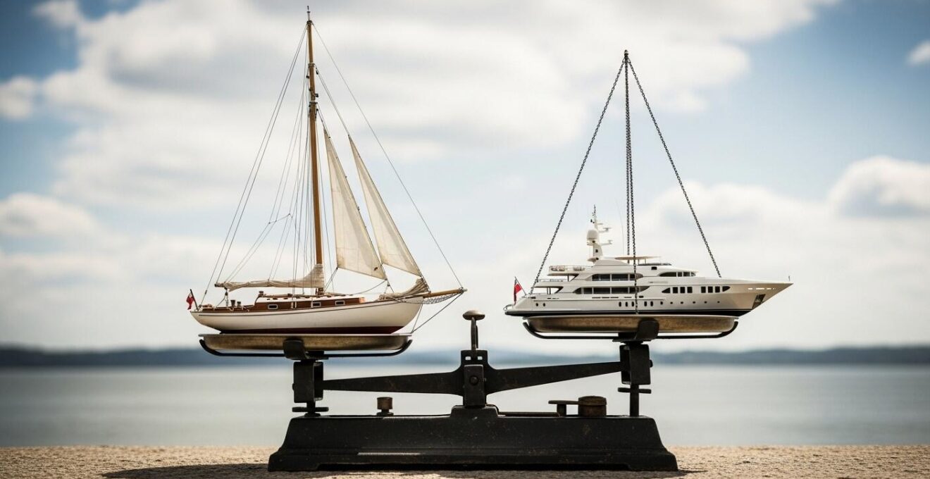 Une balance symbolique avec d'un côté un bateau petit et de l'autre un bateau plus cher mais de taille similaire.