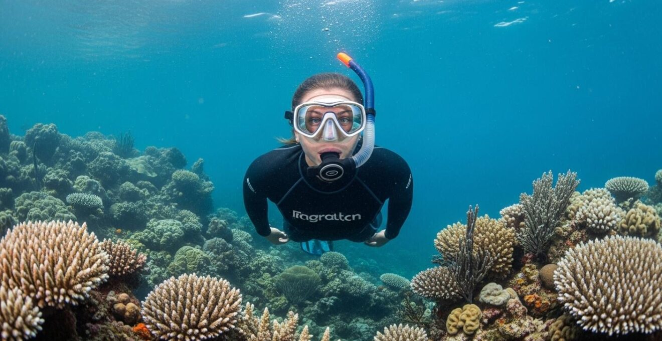 Plongeur en apnée en immersion sous-marine paisible dans un environnement naturel coloré