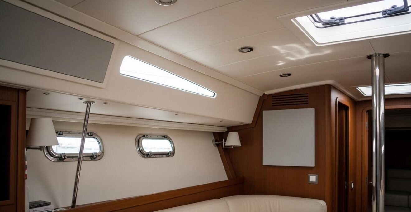 Intérieur moderne d'un yacht avec des panneaux d'insonorisation visibles et un environnement calme