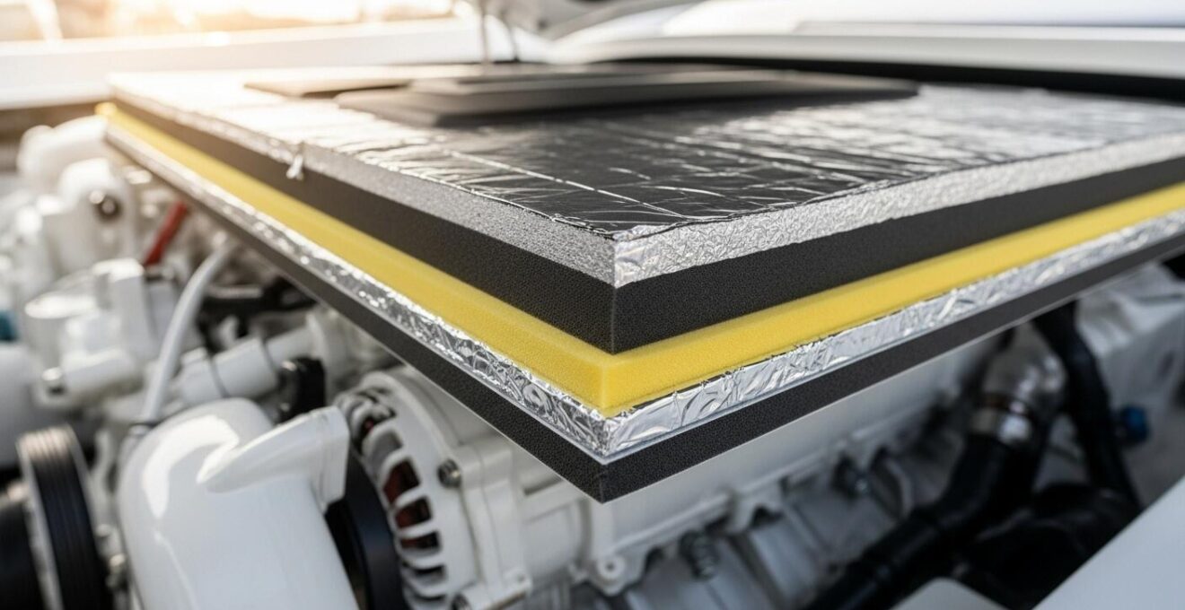 Vue en coupe détaillée d'un compartiment moteur de yacht avec isolation acoustique performante