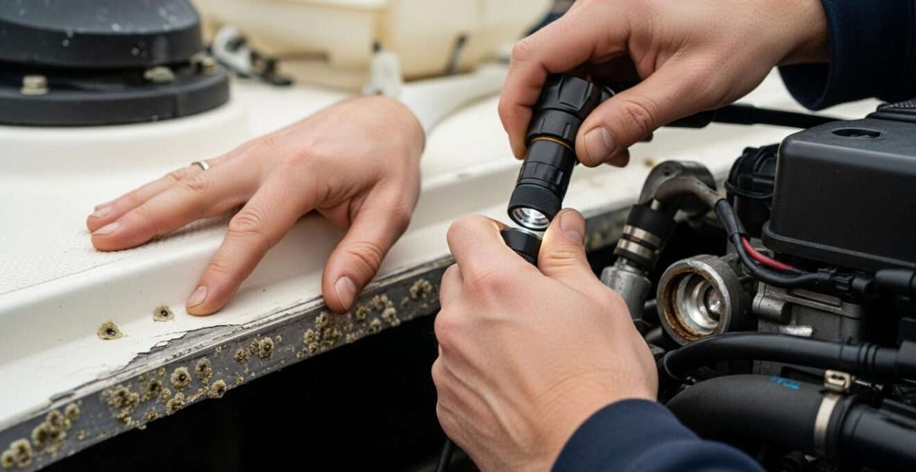Détail photographique réaliste d'un expert inspectant la coque et le moteur d'un bateau d'occasion.